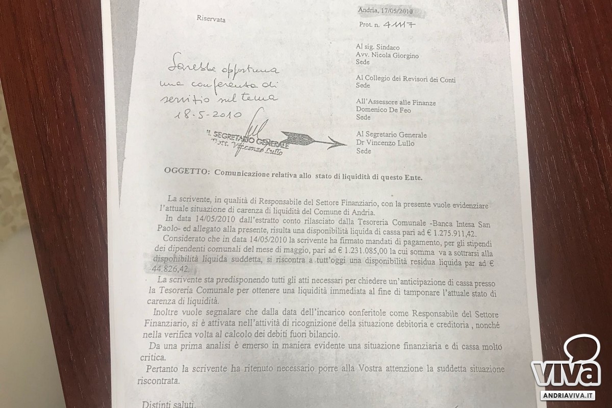 Documento sulla mancanza di liquidità al Comune di Andria