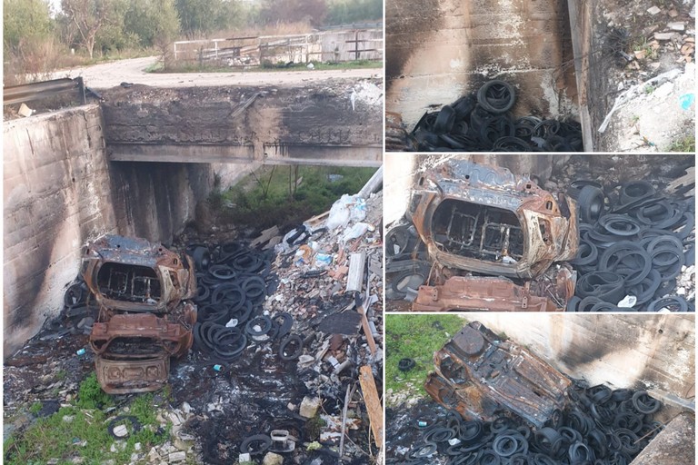 auto rubate bruciate e cumuli di gomme ostruiscono il canale Ciappetta Camaggio