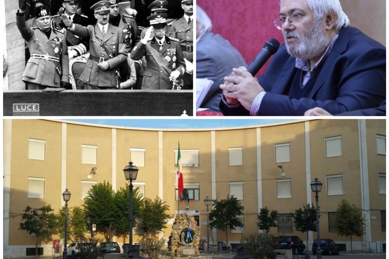 da sx Mussolini, Hitler e Vittorio Emanuele III ed il prof. Michele Palumbo