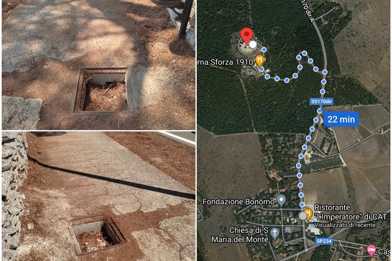 Tombini aperti sul marciapiede che costeggia la pineta di Castel del Monte